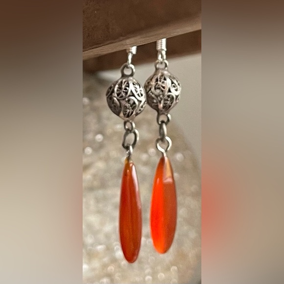 Silver & Carnelian bohemian dangling earrings, vintage - Picture 2 of 8